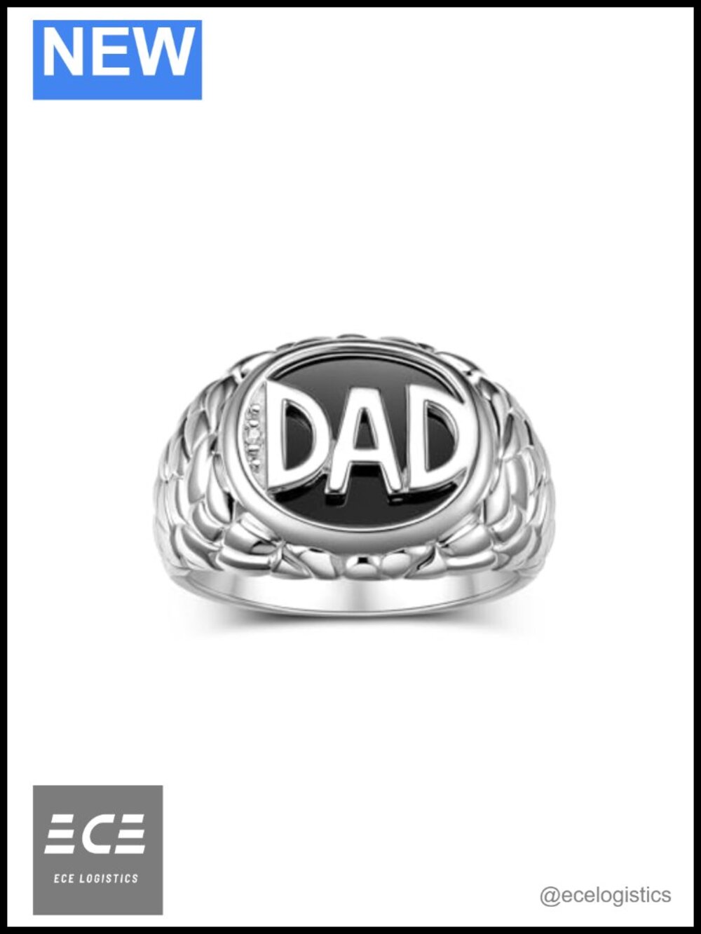 Sterling Silver DAD Ring with Diamonds and Black Onyx, Men's Designer Signet
